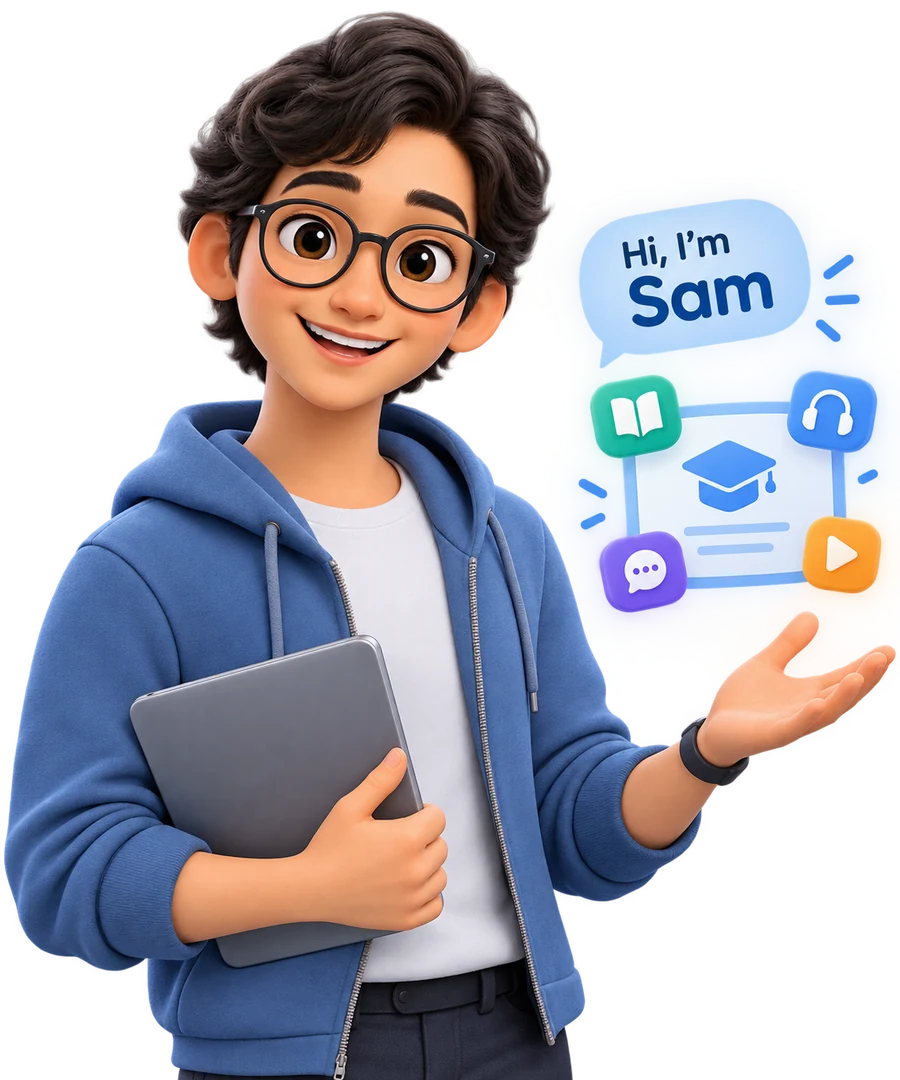 Sam, the SpeakPro AI learning companion, holding a tablet and saying hi